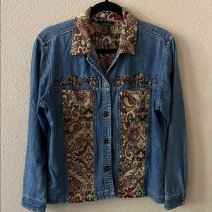 Denim Jacket with Woven Paisley Panels and Embroidered Accents